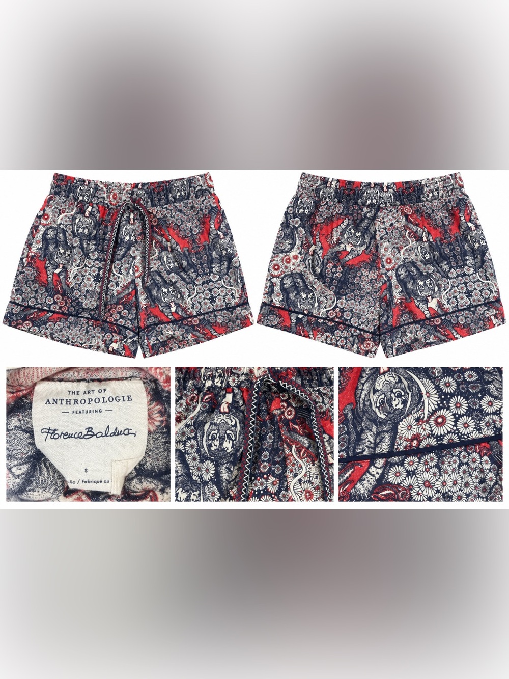 Anthropologie Red & Navy Floral Paisley Drawstring Shorts